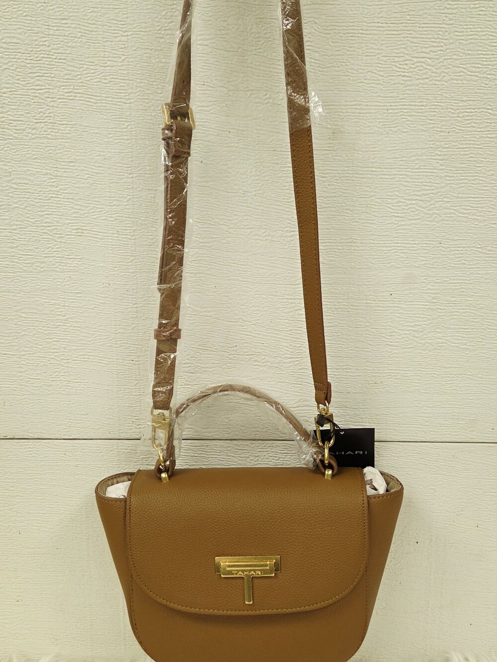 Tahari Caramel Brown Pebbled  Crossbody with Gold Hardware - Picture 6 of 9